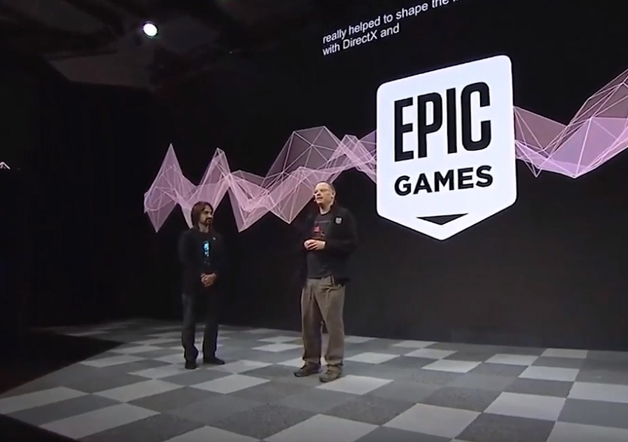 Tim Sweeney, CEO of Epic Games, on stage at MWC with Alex Kipman of Microsoft.